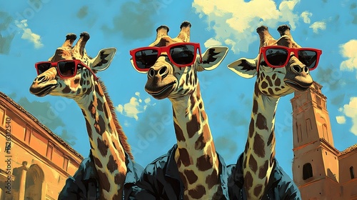 Three fun-loving giraffes wearing stylish sunglasses standing together in a vibrant savanna