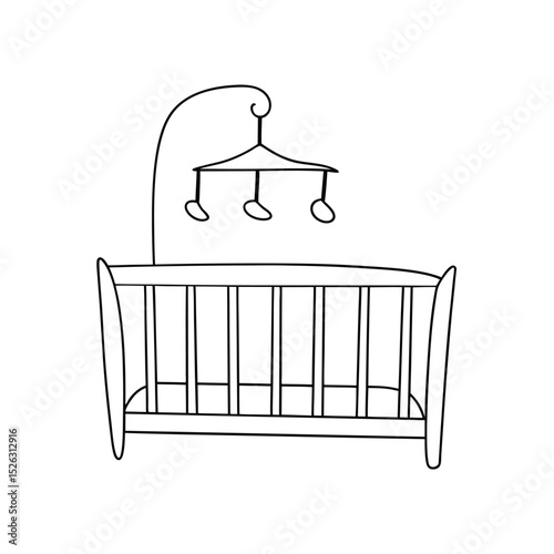 Baby crib line drawing with mobile toy