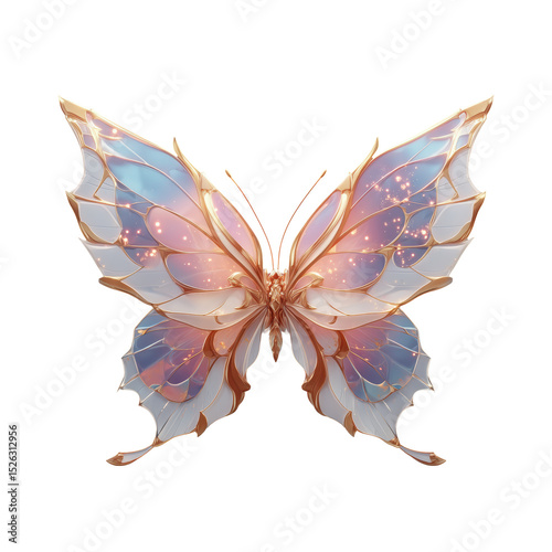 A delicate and beautifully designed butterfly with translucent wings in shades of blue and pink. The wings have intricate, feather-like patterns, giving them a soft, ethereal look.