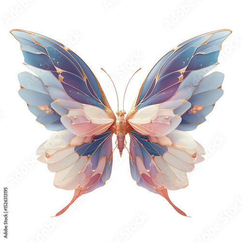 A delicate and beautifully designed butterfly with translucent wings in shades of blue and pink. The wings have intricate, feather-like patterns, giving them a soft, ethereal look.