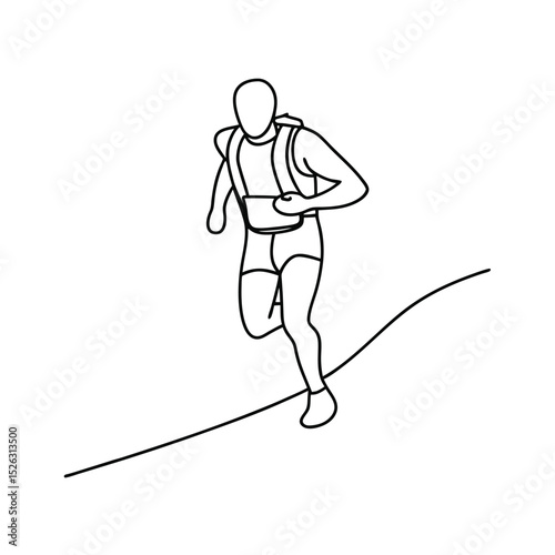 Line drawing of runner ascending hill with backpack