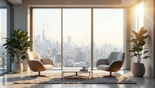 Modern Apartment Living Room with City View at Sunrise