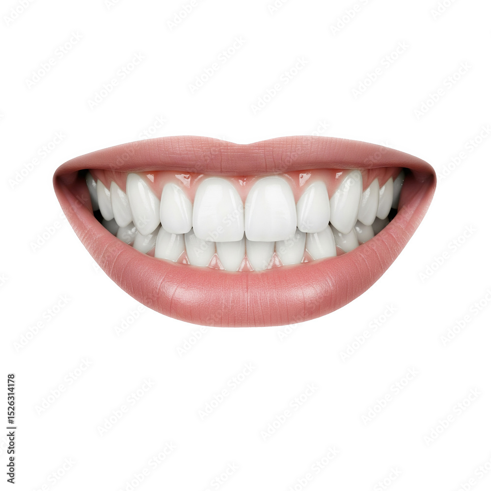 Fototapeta premium A bright, healthy smile with perfectly aligned white teeth and pink lips, isolated on transparent background
