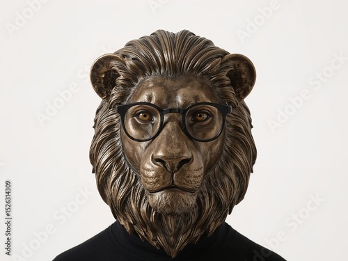 A bronze lion statue wearing glasses and a black turtleneck, centered. photo