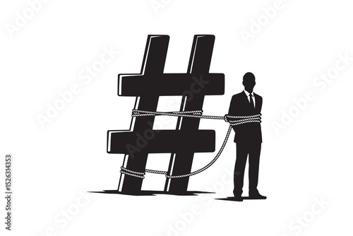 Man Tied to Hashtag Symbol Silhouette Illustration - Social Media Influence Concept