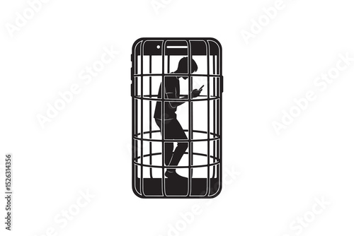 Man Trapped in Phone Cage Illustration - Smartphone Addiction Concept Art