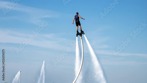 Flyboarding over water: A stunning aerial view of a man enjoying an extreme water sport