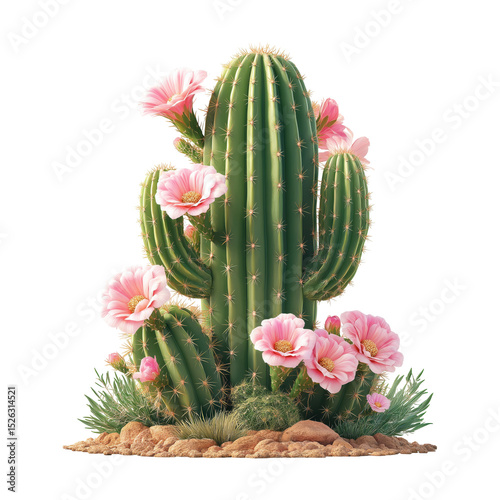 A tall cactus with pink flowers blooming, surrounded by lush green plants and a rocky base. Concept of desert beauty, nature, and vibrant contrast.