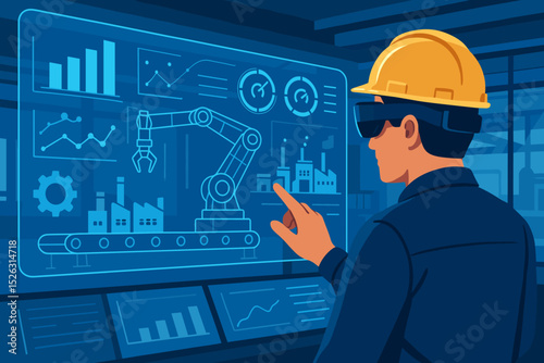Engineer using augmented reality in smart factory. Industry 4.0 concept with robotic arm automation, data dashboard, and production monitoring. Futuristic manufacturing technology.