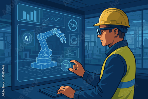 Smart factory engineer uses an AI futuristic dashboard to control a robotic arm. Industry 4.0 concept for automation, industrial production management and manufacturing technology.