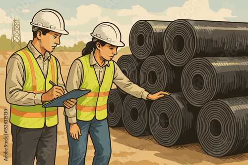 Civil engineers conducting quality control inspection of geomembrane rolls. Man and woman workers in hard hats at construction site checking waterproofing liner material.