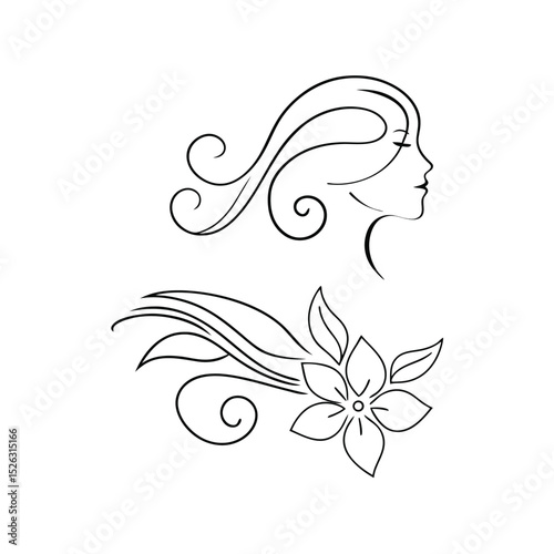 Elegant woman profile line drawing with floral design