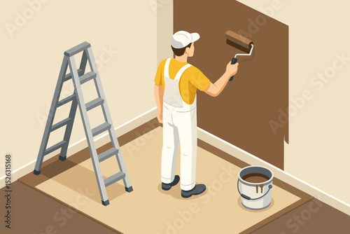 Painter at work isometric vector illustration. Man in uniform painting a room wall with a paint roller. Home renovation, improvement, and repair service. House decorator concept.