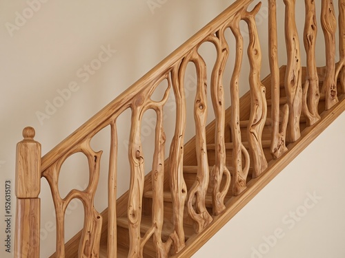 Unique wood carved staircase handrail, natural art.