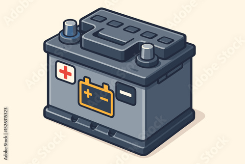 Car battery isometric vector illustration. Automotive accumulator power source. 12v energy for vehicle. Icon for car service, repair shop, and maintenance concept. Isolated object.