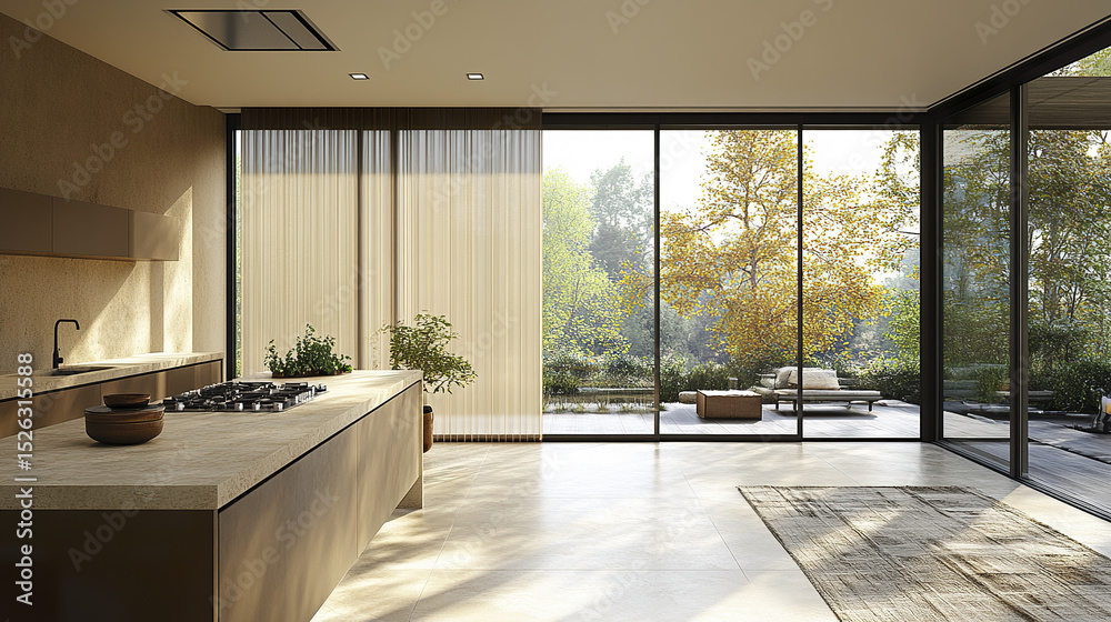 Fototapeta premium modern kitchen interior with minimalist design and large windows showcasing nature