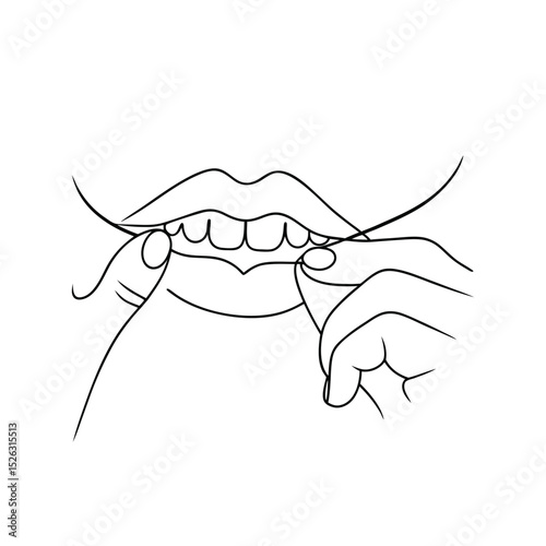 Woman flossing teeth line drawing illustration