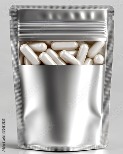 Silver foil stand up pouch with clear window showing white capsules supplement packaging with ziplock closure on white background for pharmaceutical product branding.