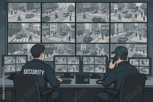 Security guards in a surveillance control room monitoring city streets on a large screen wall. CCTV system concept for public safety, protection, and law enforcement technology.