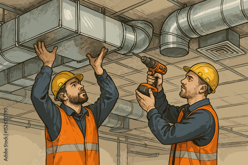 HVAC technicians installing ventilation system. Two workers in hard hats working on air duct installation on a ceiling. Industrial construction, repair, and maintenance service.