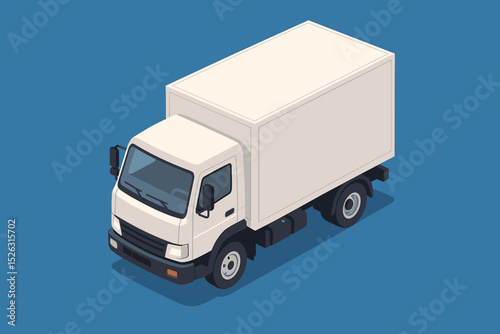 Isometric box truck vector illustration. White delivery van for cargo transport and shipping service. Commercial vehicle mockup for logistics and freight business branding.