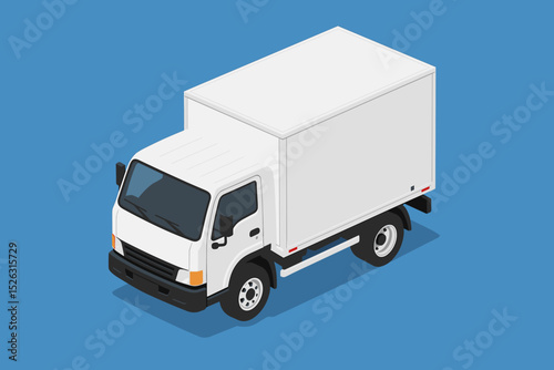 Isometric box truck vector illustration. White delivery van for cargo transport and shipping logistics. Commercial vehicle mockup isolated on blue background. Freight truck concept.