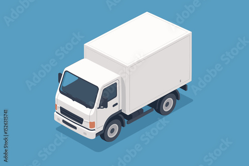 White box truck isometric vector illustration. Delivery van for cargo and freight transportation. Commercial vehicle for shipping and logistics. Moving service transport isolated icon.