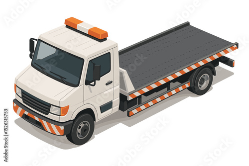 Isometric tow truck vector illustration. Flatbed wrecker for roadside assistance and car recovery. Emergency vehicle for breakdown service. Car carrier transport isolated on white.