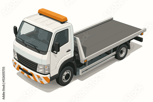 Isometric tow truck vector illustration. Flatbed car carrier for roadside assistance. Emergency breakdown recovery vehicle. Wrecker transport service concept isolated on white.
