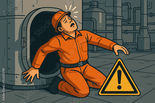 Workplace safety hazard concept. Industrial worker fainting or injured in a confined space. Occupational health accident illustration. Danger warning sign. Man in hard hat at factory.