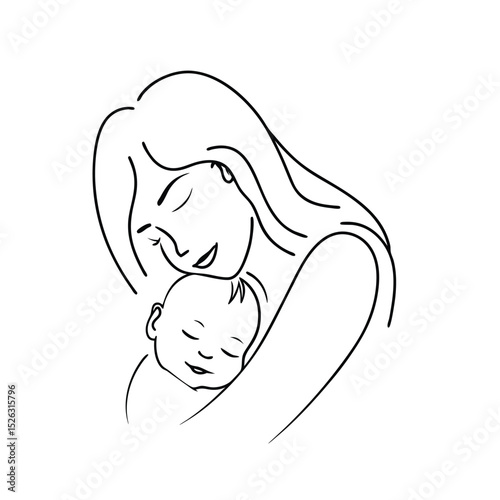 Mother and baby line drawing tender embrace illustration