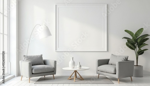 Modern Minimalist Living Room Interior with Gray Armchairs and White Walls