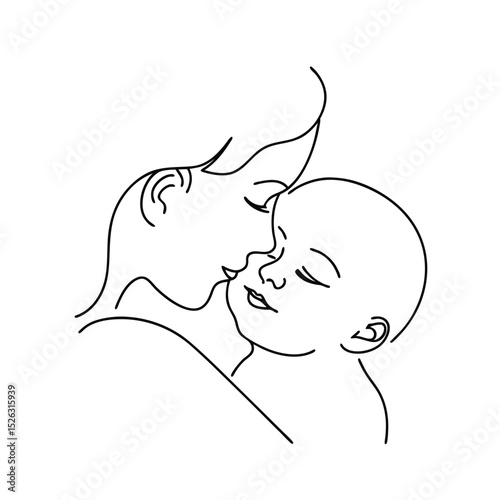 Mothers Tender Kiss Line Art of Maternal Love and Baby