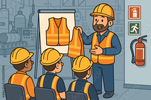 Workplace safety training illustration. Instructor demonstrates personal protective equipment like a high-visibility vest to factory workers during a briefing for OHS compliance.
