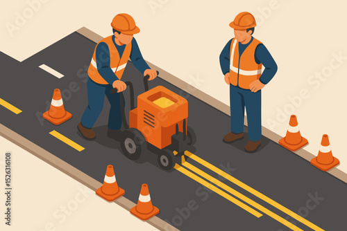Road workers team painting marking lines on asphalt. Isometric vector of a highway maintenance crew with line striper machine and traffic cones. Road construction and safety concept.