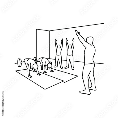 Fitness class line drawing instructor leading group exercise