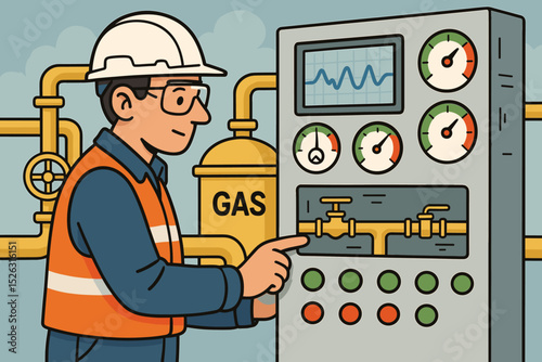 Engineer operating an industrial control panel in a gas factory. Technician monitoring equipment, pipeline and gauges. Man in hard hat managing the production process. Vector concept.