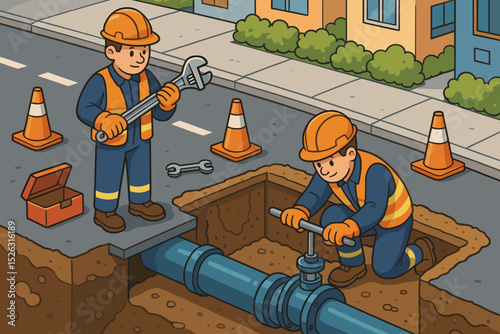 Cartoon plumbers doing pipeline maintenance. Workers in uniform fixing an underground pipe with a wrench and valve. Concept of infrastructure repair, utility services, and teamwork.