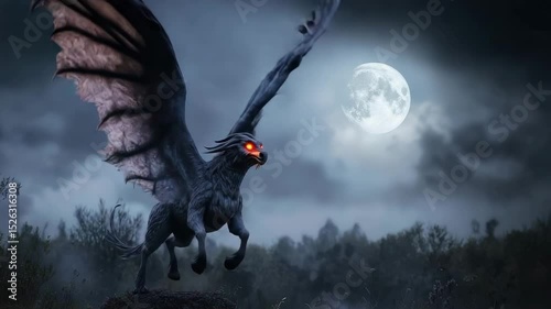 A mythical, dark-winged creature with glowing red eyes stands on a rock under a full moon in a misty night landscape.