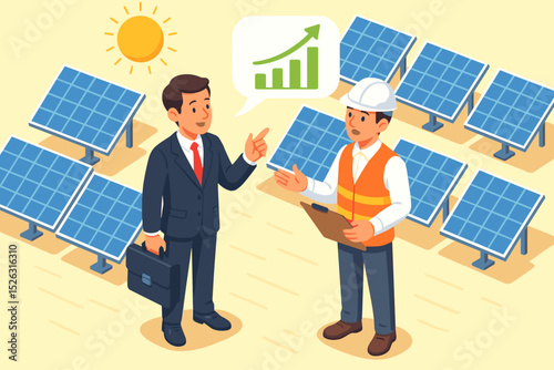 Solar energy investment consultation concept. Businessman talking with engineer about renewable green power profit and growth. Sustainable technology business deal on solar farm.