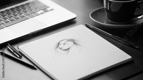logo sketching and design process on notebook and digital tablet