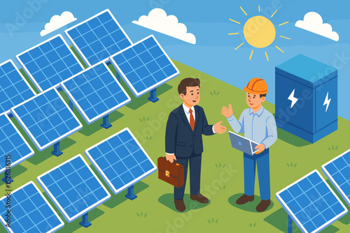 Engineer presenting solar power project to businessman investor. Consultation at solar farm with panels and battery storage. Renewable green energy and sustainable investment concept.