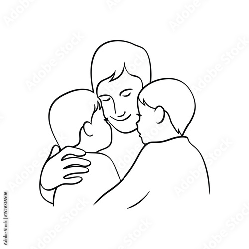 Mother embracing her two sons line drawing illustration