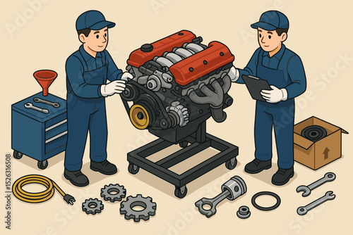 Isometric illustration of technicians performing car engine repair and maintenance. Mechanics working as a team in auto service garage. Automotive workshop concept with tools and parts.