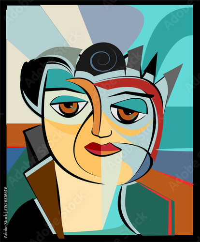 an abstract representation of a person's face. The figure has expressive eyes and red lips, with surrounding shapes in various shades of blue, green, and tan.