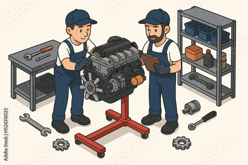 Two car mechanics repairing an engine in a workshop. Professional auto service with technicians performing maintenance and diagnostics. Isometric vector of garage teamwork and inspection.