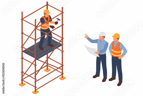 Isometric construction site with workers. Engineer and architect with blueprint discussing project plan with builder on scaffolding. Teamwork and collaboration concept vector.