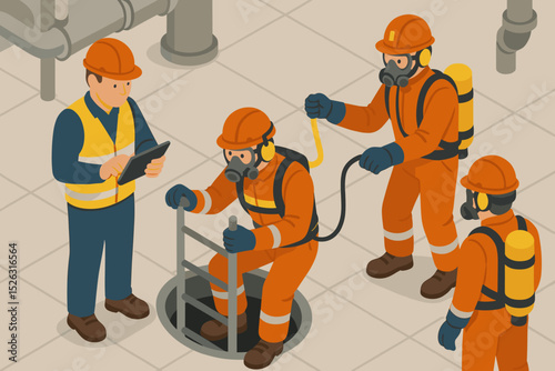 Isometric concept of confined space entry. Industrial workers in full PPE, hazmat suits, and gas masks for inspection or rescue. Supervisor with a tablet monitors the safety procedure.