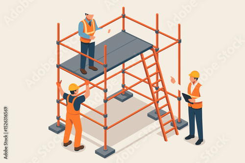 Isometric construction site with team of workers on scaffolding. Engineer with blueprint, foreman managing, and builder working together. Vector for building industry and teamwork.