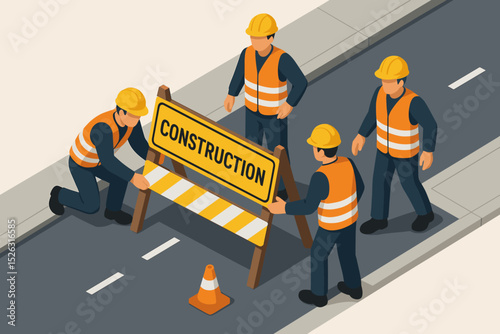 Isometric vector illustration of construction workers team setting up a road block sign. Builders in safety vests and hard hats on a street for maintenance and repair work.